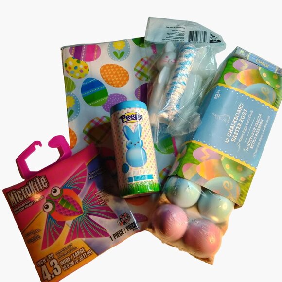 Easter Toys Gift Bag Chalkboard Eggs Rabbit Handle Jump Rope Kite Bubbles - Picture 1 of 9